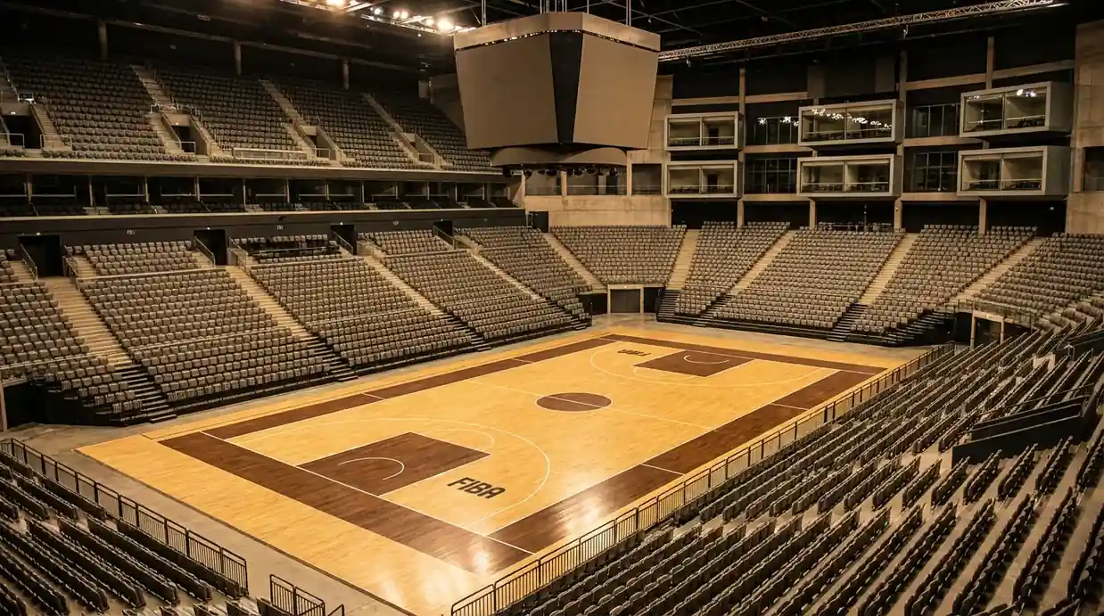 Pabellón de baloncesto europeo preparado para un partido de Euroliga